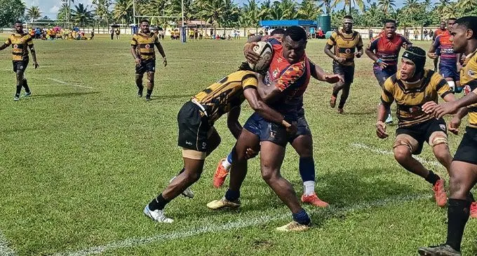 Strong Vatukoula defence against Namosi during their promotion relegation clash at Thomson Park, Navua, on May 18, 2024. Photo: FRU Media 