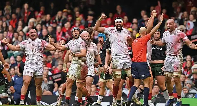 Georgia forwards celebrate its win over Wales during their Test clash at the Principality Stadium in Cardiff on November 19., 2022. Photo: Wales Online