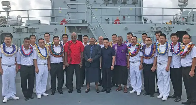 Minister for Defence, National Security and Foreign Affairs Inia Seruiratu (front, sixth from left) with Chinese Ambassador Qian Bo (front, seventh from left) and the outgoing Chinese experts at the Fiji Navy Base on March 20, 2019. Photo: Ilaijia Ravuwai