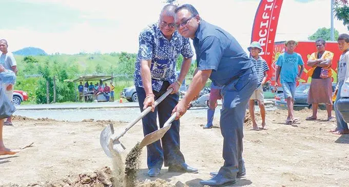 From left, Rakiraki businessman George Shiu Raj with Pacific Energy South West Pacific chief marketing manager Rajesh Prasad during the groundbreaking ceremony of the $2 million service station in Waimicia, Barotu in Ra. Photo: Susana Tuilau
