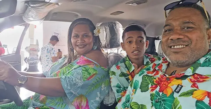 Winner of the Isuzu D-Max (from left:) Makareta Marama, Semi Junior (son) and husband Semi Korovulavula after the handover on March 16, 2023. Photo: Laiseana Nasiga
