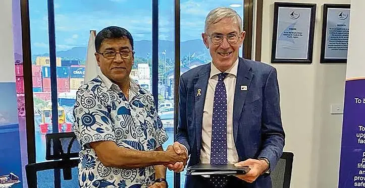 Fiji Ports chief executive officer, Vajira Piyasena (left) and Australia’s High Commissioner to Fiji, Ewen McDonald after the grant agreement signing. Photo: Australian High Commission
