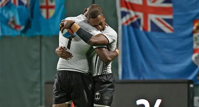 Members of the Fiji Airways Fijian 7s team  celebrate a try during the game against Japan at AT&T Park.