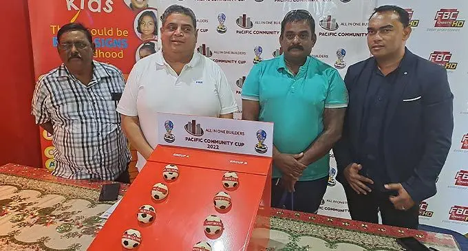 Fiji Football Association vice president Jitendra Kumar, Fiji FA president Rajesh Patel, Sulendra Raju, Fijian Broadcasting Corporation (FBC) Director Sales and Marketing Vijendra Kumar during the pools draw in Nadi on November 3, 2022. Photo: Waisea Nasokia