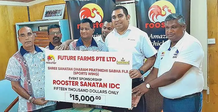 From left; Shree Sanatan Dharam Pratinidhi Sabha Fiji (sports wing) president Sanjay Ram, secretary Arvin Narayan, vice-president Shalend Nand, Ashabhai sales and maeketing manager Eroni Navunisaravi, Future Farms PTE Limited chief executive officer Stanley Raniga, Future Farmes PTE Limited business development manager Rohitesh Naidu during the sponsorship presentation in Suva on April 5, 2023. Photo: Leone Cabenatabua