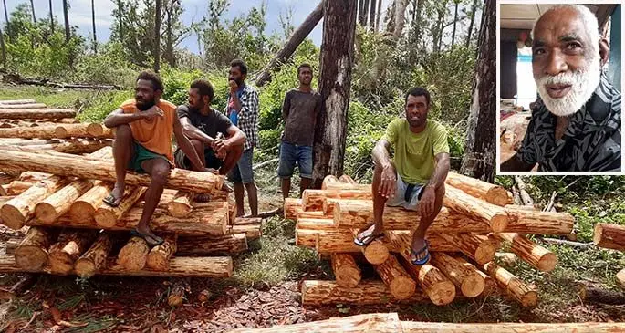 Villagers of Naqalotu in Yawe with sawn pine logs ready for their new homes.. Photo: Ministry of Forestry Inset: Kelepi Bainivalu.