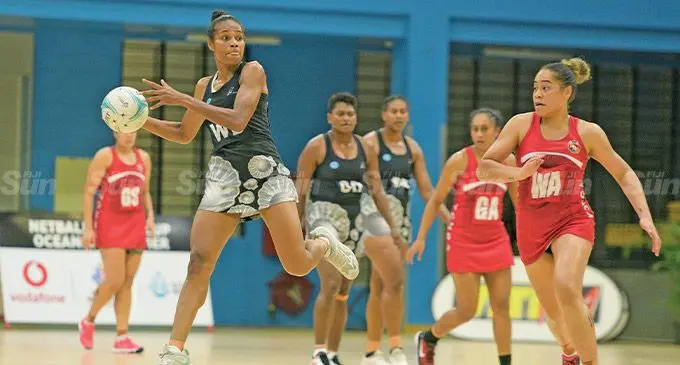 Fijian Pearls Wing Defence Vakaoca Bolokoro (with ball) controls play in mid court against Tonga Tala during their Oceania World Cup qualifiers match at the Vodafone Arena on July 20, 2022. Tonga won 59-29. Photo: Ronald Kumar