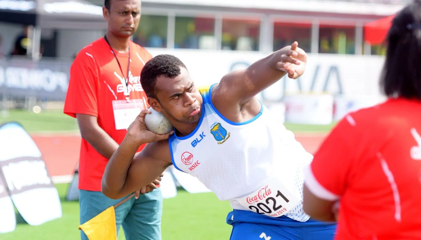 Tiko Batibasdaga of Natabua Secondary during  Coca-Games  shot put Senior boys finalat ANZ Stadium on Ap[roil 16, 2019. Photo: Ronald Kumar.