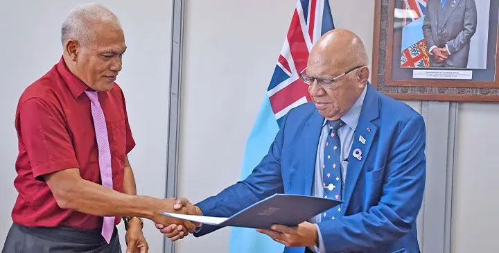 Rabi administrator Jacob Karutake and Prime Minister Sitiveni Rabuka during the handover ceremony at the Government Building in Suva on March 5, 2025.