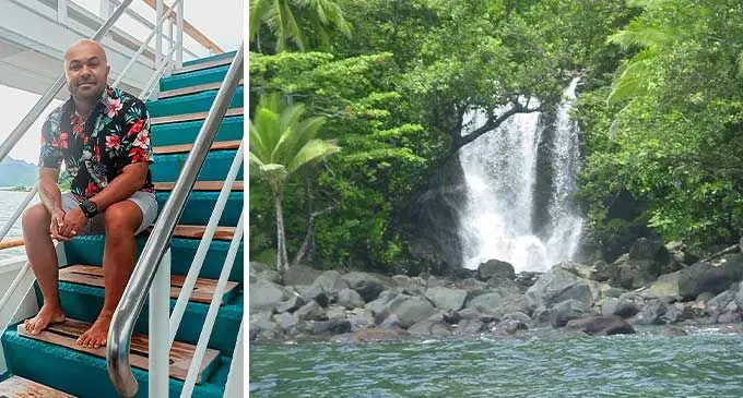 From left: Andhy Blake and the Savuleveavonu waterfalls in Taveuni. 