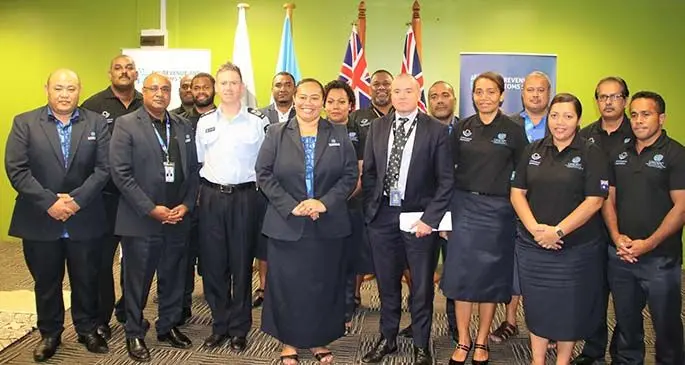 Australia’s High Commissioner to Fiji Mr. John Feakes and Fiji Revenue and Customs Service (FRCS) Acting Chief Executive Officer Ms Fane W. Vave with FRCS team at the launch of the Container Control Programme at FRCS Headquarters in Suva.  