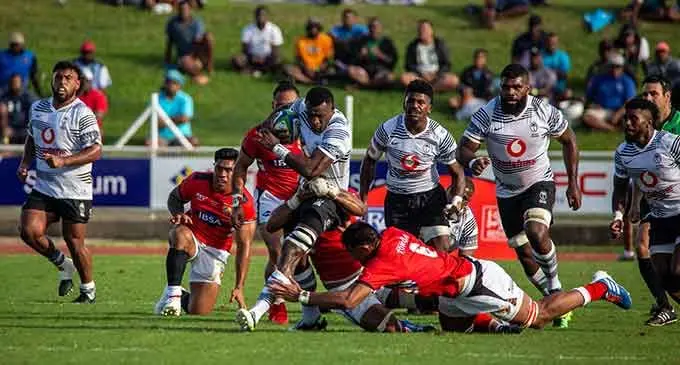 Vodafone Flying Fijians flanker Rusiate Nasove takes on the Tongan defence during their World Rugby Pacific Nations Cup match at the HFC Bank Stadium, Suva, on July 2, 2022. Photo: Leon Lord