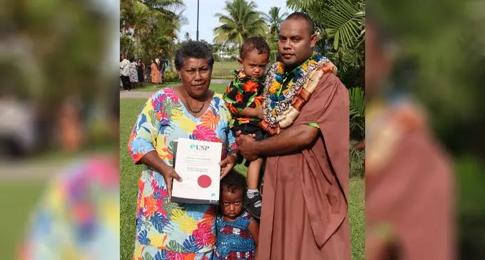 Vanivasa Qumivutia with his mother, Amelia Qumivutia, Kini Qumivutia(son) and Miliakere (niece) after the USP graduation ceremony at the Vodafone Arena on March 31, 2023. Photo: Josefa Babitu