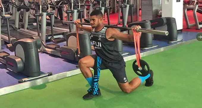 Fiji Airways Fijian 7s rep Meli Derenalagi training in the gym in Dubai on December 2, 2019.  Photo: Naca Cawanibuka