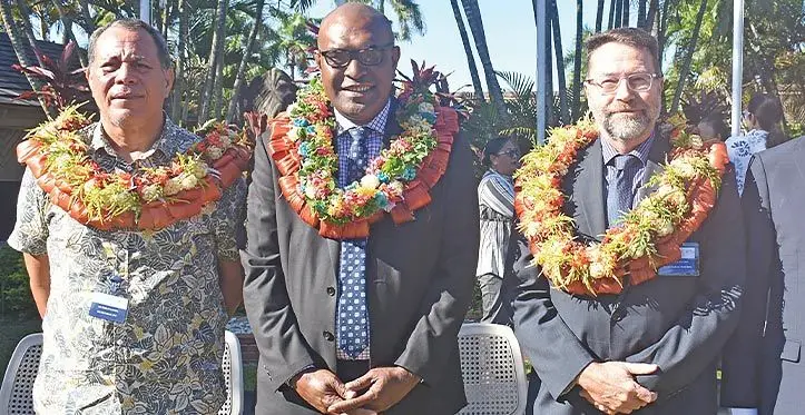 From left: SPC Director Public Health Division Dr Berlin Kafoa, Minister for Health and Medical Services Dr Antonio Lalabalavu and WHO South Pacific rep/Pacific Technical Support (DPS) Director Dr Mark Jacobs at Tanoa International Hotell in Nadi. Photo: Waisea Nasokia