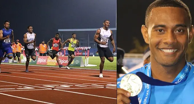 Fiji’s Banuve Tabakaucoro leads the men’s 100m final at Apia Park, Samoa on July 16, 2019. INSET: Banuve Tabakaucoro with his gold medal on July 16, 2019. Photos: Ronald Setu
