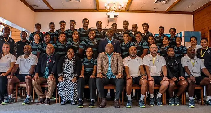 His Excelleny President Ratu Wiliame Katonivere (sitting sixth from left) with the Fijiana 15s team and management after their jersey presentation, in Auckland on October 22, 2022. Photo: FRU Media.