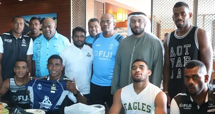 Fiji Airways Fijian 7s players with fans in Dubai on December 4, 2019. Photo: Gabby Abariga 