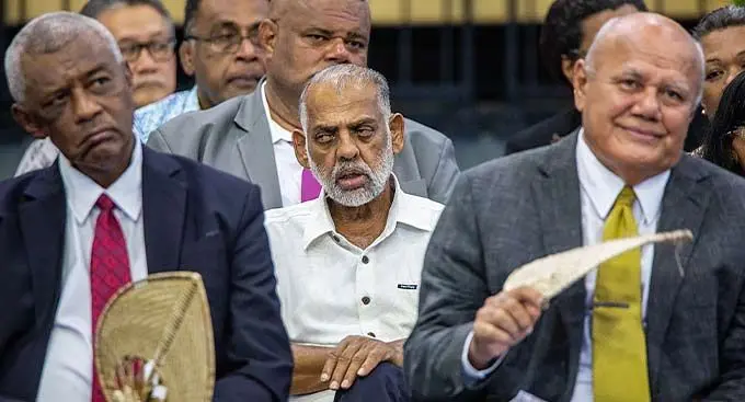 From left: Minister for Home Affairs and Immigration Pio Tikoduadua, Minister for Employment, Productivity and Industrial Relations Agni Deo Singh and Deputy Prime Minister and Minister for Tourism and Civil Aviation Viliame Gavoka at the thanksgiving church service at the Vodafone Arena in Suva on January 8, 2023. Photo: Leon Lord
