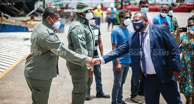 Minister for Rural and Maritime Development and Disaster Management Inia Seruiratu welcome the team who returned from Tonga on February 2, 2022. Photo: Leon Lord