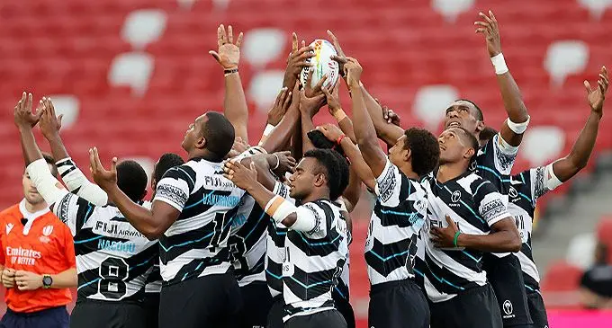 Fiji team huddle before the game against Ireland on day one of the HSBC Singapore Sevens at Singapore National Stadium on 9 April, 2022 in Kallang, Singapore. Photo credit: Mike Lee - KLC fotos for World Rugby