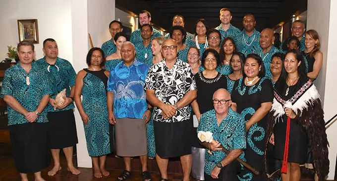President Major-General (Ret'd) Jioji Konrote (in white and black shirt), Prime Minister Voreqe Bainimarama (fourth from left) New Zealand High Commissioner to Fiji Jonathan Curr (first left) and staff of the New Zealand High Commission at the Waitangi Day reception at High Commissioner's residence in Suva on February 6, 2019. Photo:Department of Information