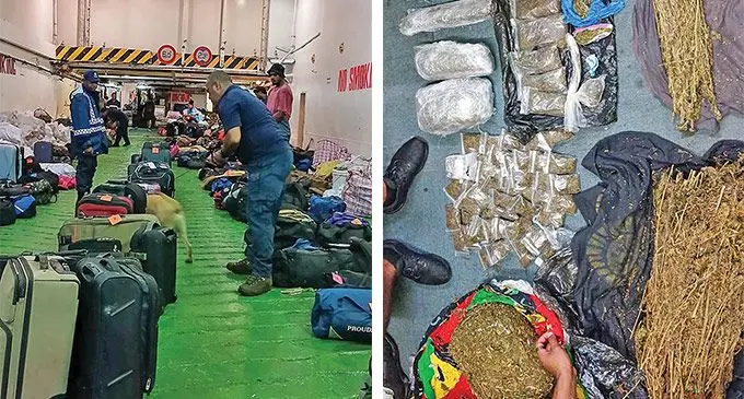 Police confiscate 7clear zip lock plastic, 44 zip lock plastic and 572 branches of dried leaves on board a passenger vessel. Photos: Police media Cell