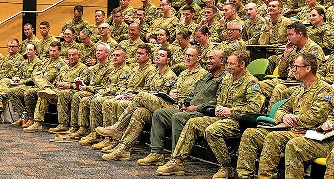 Colonel Penioni Naliva (front row, third from right) is welcomed by the 7th Brigade of the Australian Army after his appointment as Deputy Commander.  