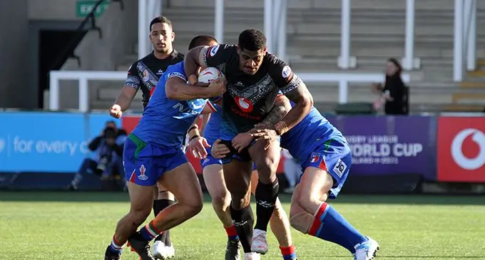 Vodafone Fiji Bati vice-captain Tui Kamikamica on attack during their match against Italy at Kingston Park, Newcastle upon Tyne, England, on October 23, 2022. He will miss their third pool game against Scotland. Photo: FNRL/Steve Mower.