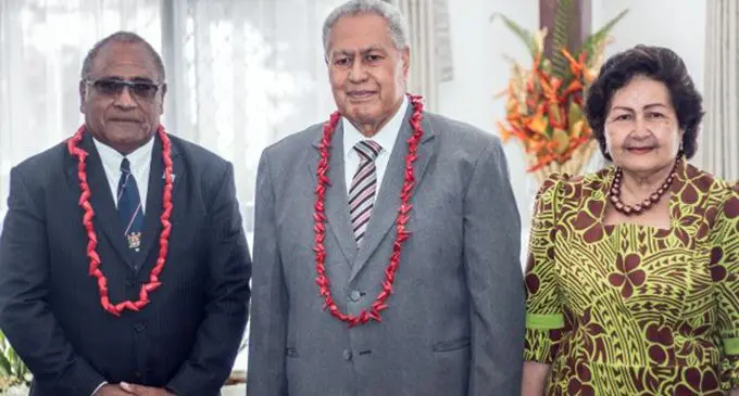 New roving ambassador designate of Fiji to the Pacific, Head of State Ratu Seremaia, Samoa’s Head of State His Highness Tuimalealiifano Vaaletoa Sualauvi II and wife, Her Highness Faamausili Maposua Leinafo. Photo: Autagavaia Tipi Autagavaia