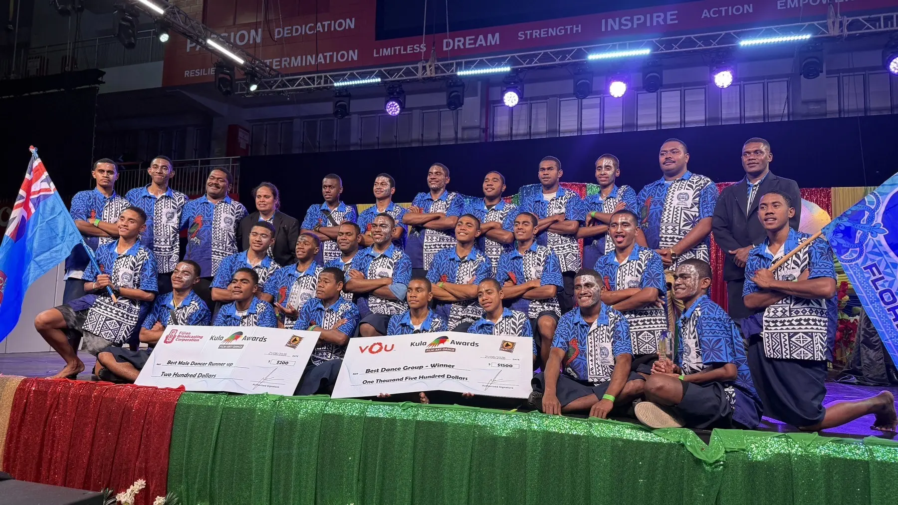The new champions of the Kula Dance Queen Victoria School with parents and guardians after the presentation at the Kula Dance Awards on August 21, 2026. Photo: Talei Roko
