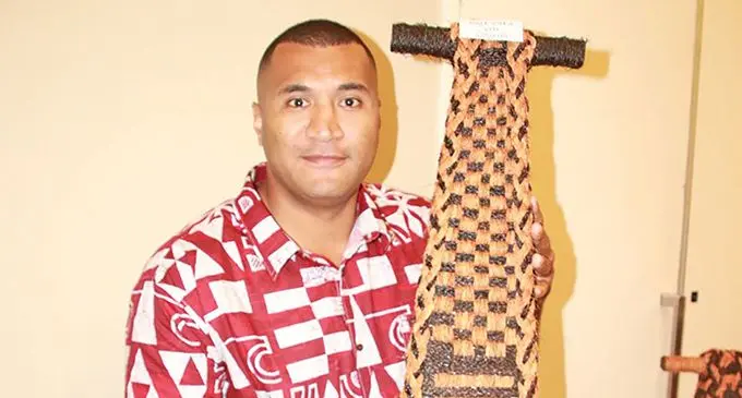 Former police officer Kelepi Kolinisau from Namuka-I-Lau shows his carved items during the launch of the ‘Mataka Vou’ Arts Exhibition in Suva on December 5, 2023.