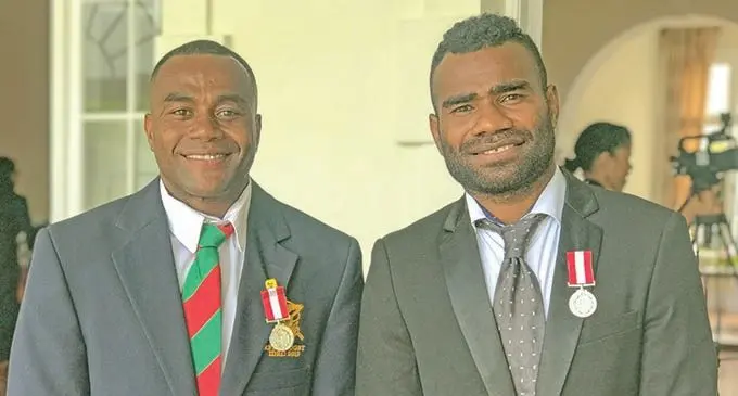From left: Fiji Airways Fijian 7s reps Alasio Raduva and Seremaia ‘Jerry’ Tuwai with their medals at State House on November 24, 2020. Photo: Kelera Sovasiga