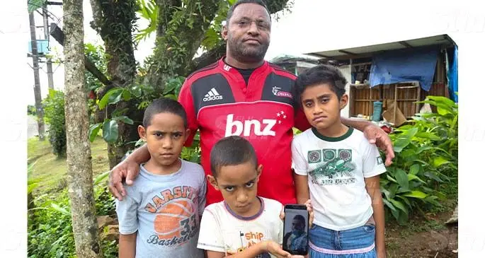 Eliki Yaco’s dad and siblings at their Makoi home on June 13, 2020, (From left) Netani Tuikorocau, Joape Liu, Iliand Temo with their father, Eliki Rarawa. INSET: Eliki Yaco. Photo: Kelera Sovasiga