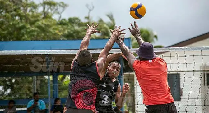 China Town Nakasi’s Taniela Nasova spikes against Red Hills Wailekutu during the Easter Volleyball Championships at the National Netball Centre in Suva on April 2 2021. Photo: Leon Lord
