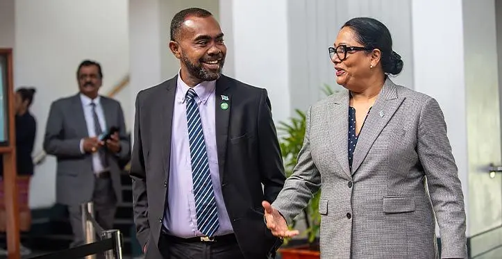 Ex-FijiFirst allies, Mosese Bulitavu and Premila Kumar outside Parliament on March 27, 2023. Photo: Leon Lord