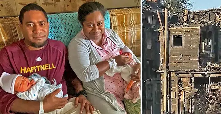 Manu Sauvou and his wife, Adi Komaisavai with their newborn twins after their home was destroyed in the fire in Woodland, California.
