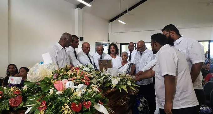 Goundar and Murgan family members surrounding the casket of the late Joseph Michael Pugan as they bid their final farewell before Mr Pugan was cremated at Dignified Cremations in Davuilevu on February 4, 2020.  Photo: Laiseana Nasiga 