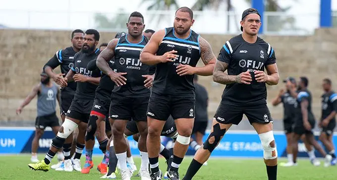 From left: Fiji Airways Flying Fijians prop Eroni Mawi, captain and flanker Dominiko Waqaniburotu, winger Josua Tuisova, prop Lee Roy Atalifo and centre Jale Vatubua training at Suva’s ANZ Stadium on August 22, 2019. Photo: Photo: Ronald Kumar