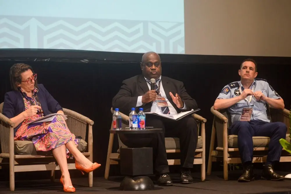 Assistant Police Commissioner (ACP) Crime Mesake Waqa (middle) during a panel discussion on Transnational Crime in the Pacific at the Fiji Law Society Convention in Nadi.
