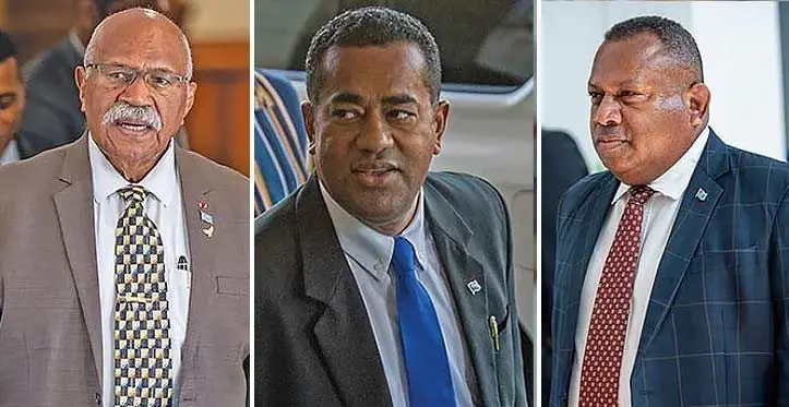 Prime Minister, Sitiveni Rabuka, Filimoni Vosarogo and Leader of the Opposition, Inia Seruiratu. Photo: Leon Lord