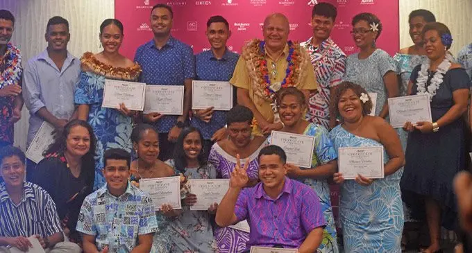 Tourism Minister Viliame Gavoka (standing fifth from right). with some of the Fiji Marriott Training Academy graduates