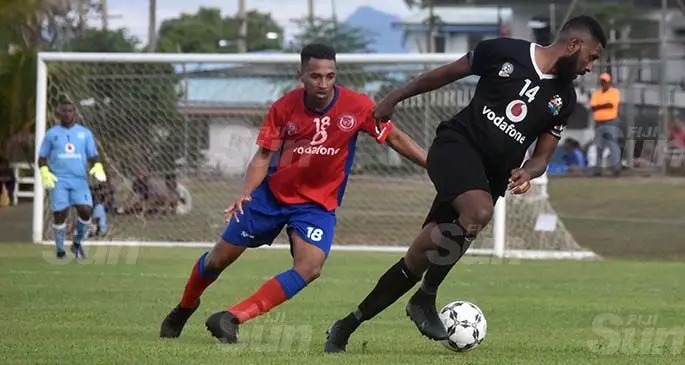 Ba’s Samuela Drudru in control against Navua’s Matthew Charitar during the Vodafone Premier League at Fiji FA academy, Ba on July 11, 2020. Photo: Waisea Nasokia