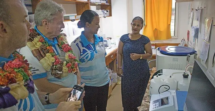 From left: International Vaccine Institute’s Senior Research Scientist Dr Raphael Zellweger, University of Melbourne’s Professor Richard Strugnell and Dr. Aneley Strobel shares a few words with Labasa Hospital’s Serology Laboratory Officer Ashna Sharma.