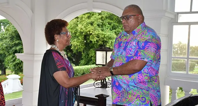 President Ratu Wiliame Katonivere greets the Gone Marama Bale Na Roko Tui Dreketi Ro Teimumu Kepa at the reception of the 2023-2024 Parliament session on February 3, 2023. Photo: DEPTFO