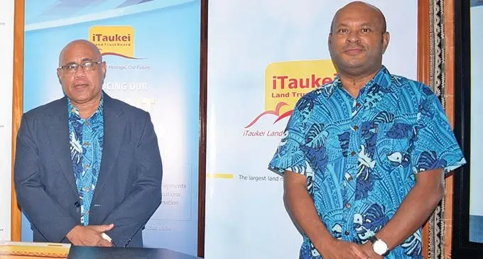 From left: board director Isikeli Tikoduadua and  iTaukei Land Trust Board (TLTB) chief executive officer Tevita Kuruvakadua during the TLTB tenant mobile app and land develoment vetting committee portal launch on October 8, 2021. Photo: Ronald Kumar