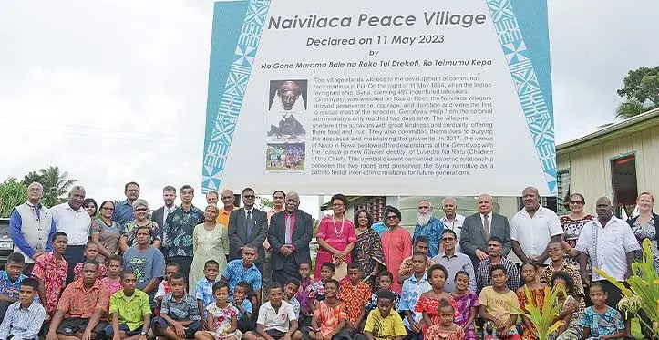 Na Gone Marama Bale na Roko Tui Dreketi Ro Teimumu Kepa, Deputy Prime Ministers, Biman Prasad and Viliame Gavoka, Assistant Minister for Women, Children and Poverty Alleivation with villagers, officials and guests after unveiling the Naivilaca Peace Village as part of the Girmit Day celebration on May 11, 2023. Photo: Ronald Kumar
