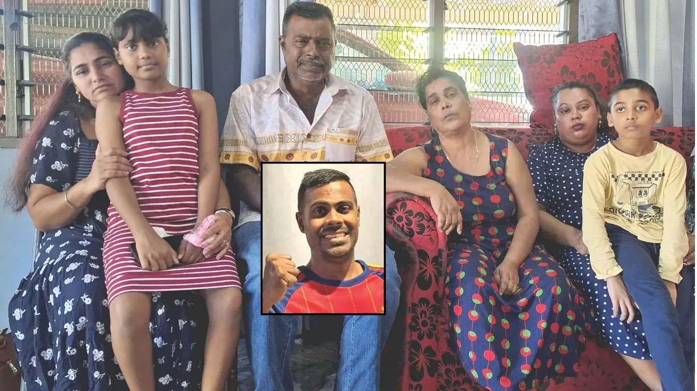 Vimal Nand’s family (from left) wife Anjita Singh with daughter Jashika Pari, father Sachida Nand, mother Mahesh Pari, sister-in-law Shalini Singh, and nephew Jaidan Sami. Inset: Deceased 38-year-old Vimal Nand.  