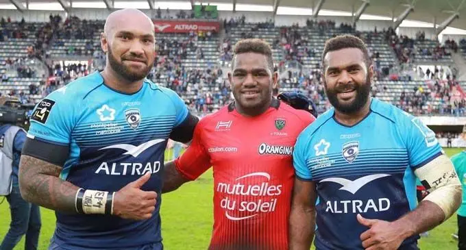 From left: Nemani Nadolo (Montpellier), Josua Tuisova (Toulon) and Timoci Nagusa (Montpellier) after their Top 14 clash at Altrad Stadium in Paris on September 18, 2017.  Photo: Twitter 