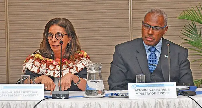 United Nations special representative of the secretary-general on Ending Violence Against Children, Dr Najat Maalla M’jid and the Attorney-General and Minister for Justice Siromi Turaga at the Grand pacific Hotel in Suva on Tuesday, April 18, 2023. Photo: Fiji Government